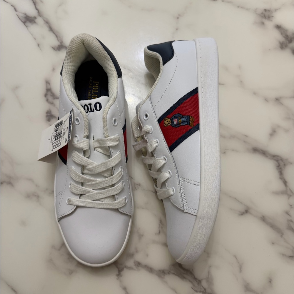 Polo Ralph Lauren White Leather Sneakers with Red & Navy Stripe